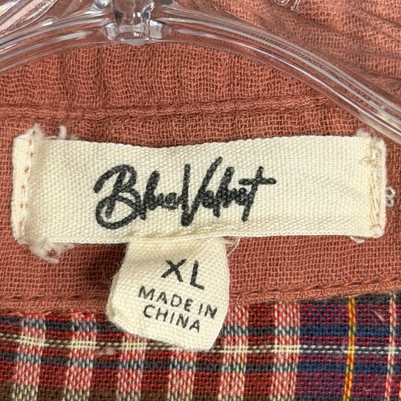 Blue Velvet Gauze Patchwork Tunic Dress Womens XL Terracotta Olive Floral Plaid - Picture 3 of 9